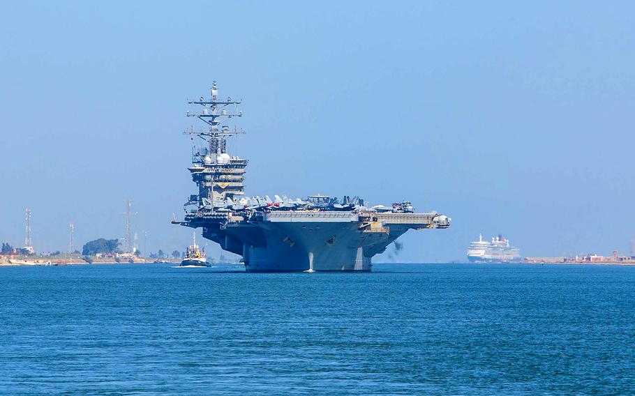 The aircraft carrier USS Dwight D. Eisenhower transits through the Suez Canal, Nov. 4, 2023. The Ike and its carrier strike group deployed to the U.S. 5th Fleet area of operations after exercising with the Gerald R. Ford carrier strike group and Italian navy ships in the Mediterranean Sea.