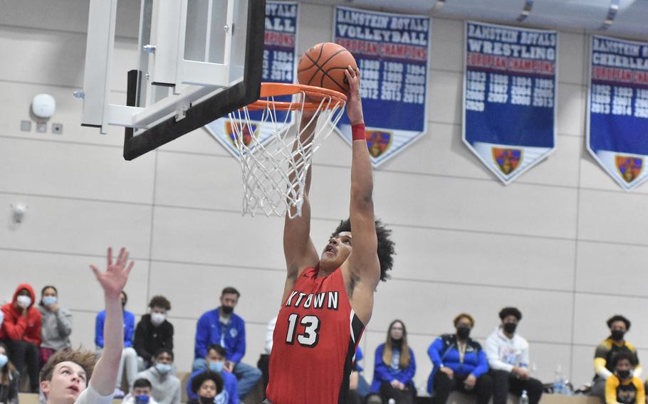 Kaiserslautern sophomore Keenan Garner scored 19 points in the fourth quarter on Friday, Feb. 22, 2022 against Vilseck at the DODEA-Europe Division I basketball championships at Ramstein Air Base. The most emphatic came on this dunk.