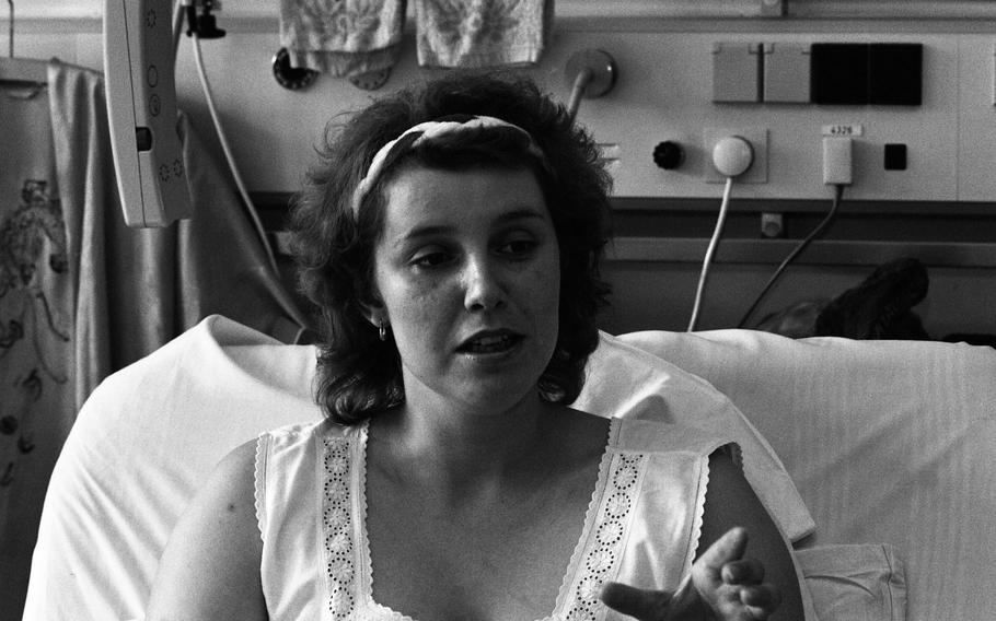 Barbara Reuter, a German employee at Rhein-Main Air Base, talks to reporters from her hospital bed Aug. 22, 1985. Reuter, a 24-year old from Sachsenhausen, was one of 20 people injured when a car bomb exploded in the morning of Aug. 8, 1985. Two people were killed, one of them Reuter’s friend Becky Jo Bristol.