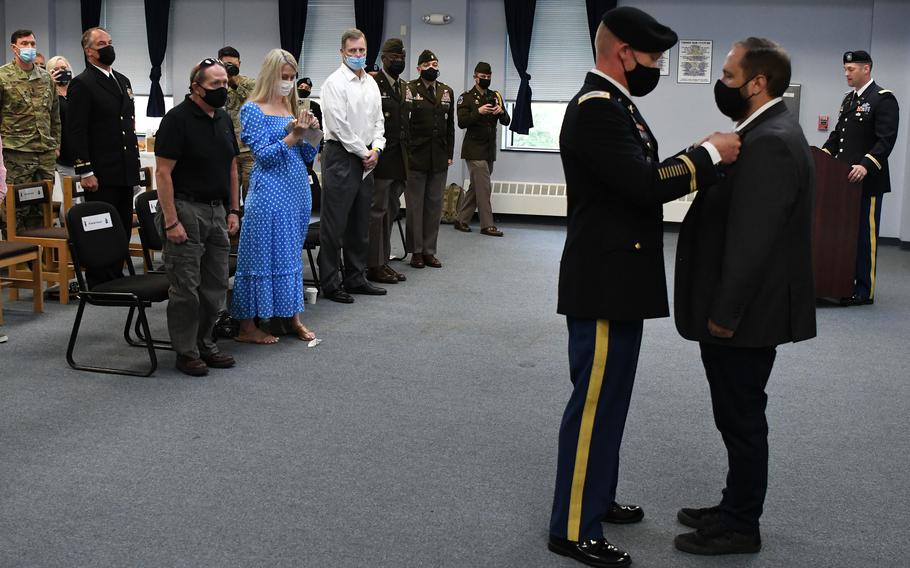 Retired Sgt. Adam Holroyd, assigned to 1st Battalion, 32nd Infantry Regiment, 3rd Brigade Combat Team, was awarded the Silver Star during a ceremony Sept. 1 at Fort Drum. Lt. Col. Scott Horrigan, former 1-32 Infantry commander, presented the award to Holroyd and spoke at the ceremony. 