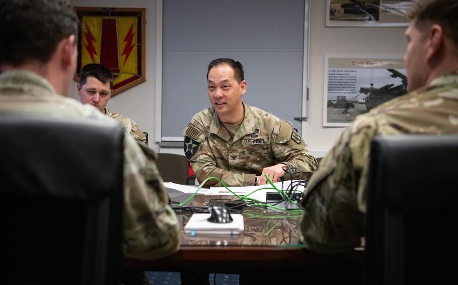 Army Col. Wilbur Hsu, 41st Field Artillery Brigade commander, speaks to soldiers at Tower Barracks in Grafenwoehr, Germany, on Feb. 2, 2024.