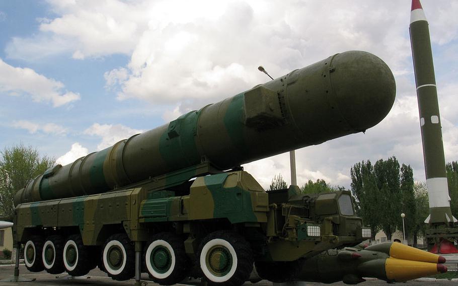 A medium-range ballistic missile with a nuclear warhead RSD-10 “Pioneer” is shown in an undated photo. Russian President Vladimir Putin said Tuesday, Feb. 21, 2023, that Moscow is “suspending” its participation in New START, the only remaining nuclear arms control treaty between the United States and Russia.