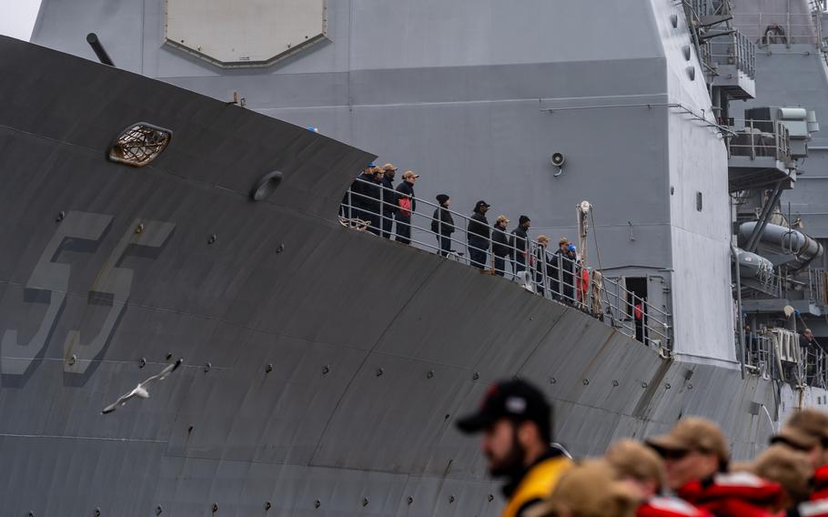 The guided-missile cruiser USS Leyte Gulf (CG 55) departs Naval Station Norfolk, Va., Jan. 28, 2024, for a scheduled deployment to the U.S. 4th Fleet area of operations.