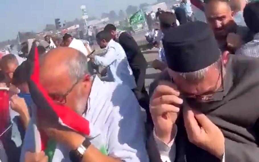 In a screenshot from social media, protesters cover their faces after Turkish police use tear gas at a pro-Palestinian rally Nov. 5, 2023, outside Incirlik Air Base. The American installation near Adana, Turkey, is a frequent flashpoint when tensions run high between the U.S. and Turkey. 