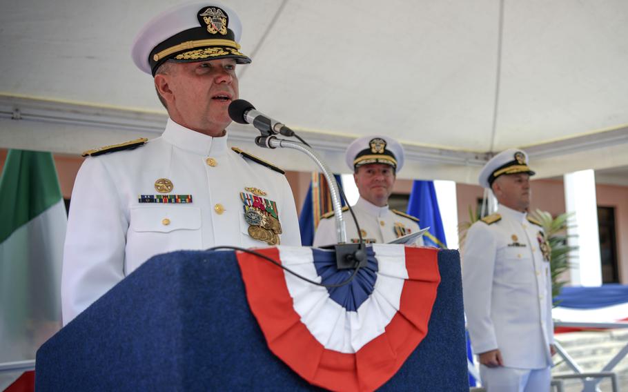 Vice Adm. Thomas Ishee, commander of U.S. 6th Fleet, speaks after assuming command at U.S. Naval Support Activity Naples, Italy, after relieving Vice Adm. Gene Black, right, Sept. 15, 2022. In the center is Adm. Stuart Munsch, commander of U.S. Naval Forces Europe-Africa.