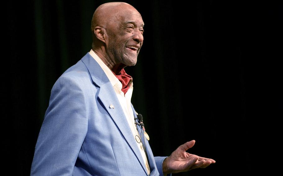 World War II Tuskegee Airman veteran retired Lt. Col. Enoch Woodhouse II speaks at the U.S. Army John F. Kennedy Special Warfare Center and School auditorium at Fort Bragg, North Carolina on Feb. 25, 2019. 