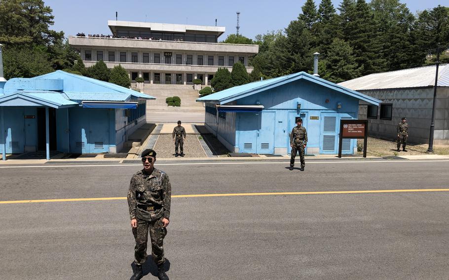 South Korean guards take positions at the Joint Security Area in the Korean Demilitarized Zone on May 29, 2019.