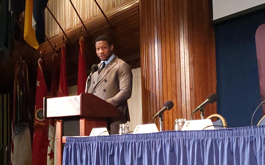 Actor Jonathan Majors speaks to attendees at a launch event for the Army’s new marketing and recruiting campaign, which brings back the slogan “Be All You Can Be.” Majors is featured in two promotional Army videos unveiled at the ceremony at the National Press Club in Washington on Wednesday, March 8, 2023. 
