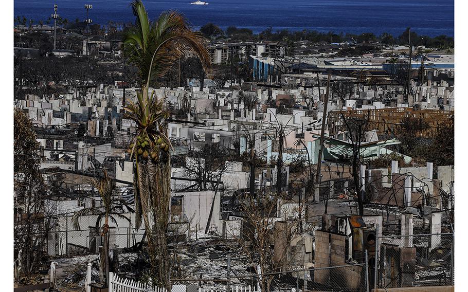 Homes and businesses in Lahaina on the Hawaiian island of Maui lie in ruins as seen days after a devastating wildfire that initially started on Aug. 8, 2023..