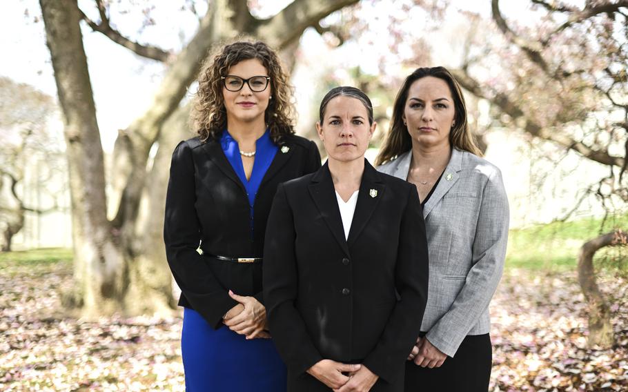 Jaclyn “Jax” Scott, left, Cassandra Knabenshue, center, and Meghan Malloy worked in the Army’s cultural support teams during the Afghanistan War.