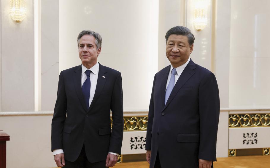 U.S. Secretary of State Antony Blinken, left, meets with Chinese President Xi Jinping in the Great Hall of the People in Beijing, China on June 19, 2023. Blinken is starting three days of talks with senior Chinese officials in Shanghai and Beijing this week. It comes as U.S.-China ties are at a critical point over numerous global disputes.