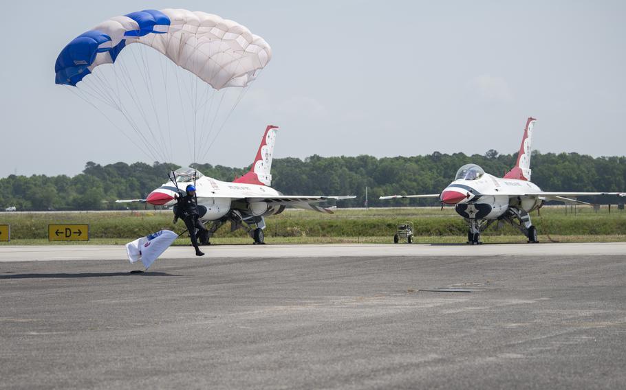 The United States Air Force Academy’s parachute team, Wings of Blue, perform aerial displays during the Charleston Airshow at Joint Base Charleston, S.C., Saturday, April 20, 2024. 