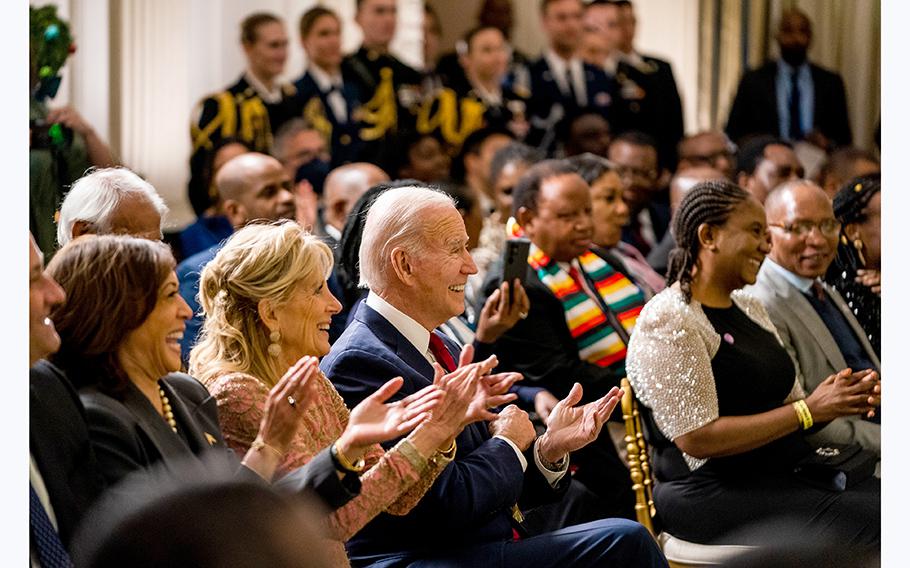 President Joe Biden, first lady Jill Biden and Vice President Harris attend the U.S.-Africa Leaders Summit Dinner in the White House in December 2022. Relations between the United States and South Africa have deteriorated in the six months since the summit.