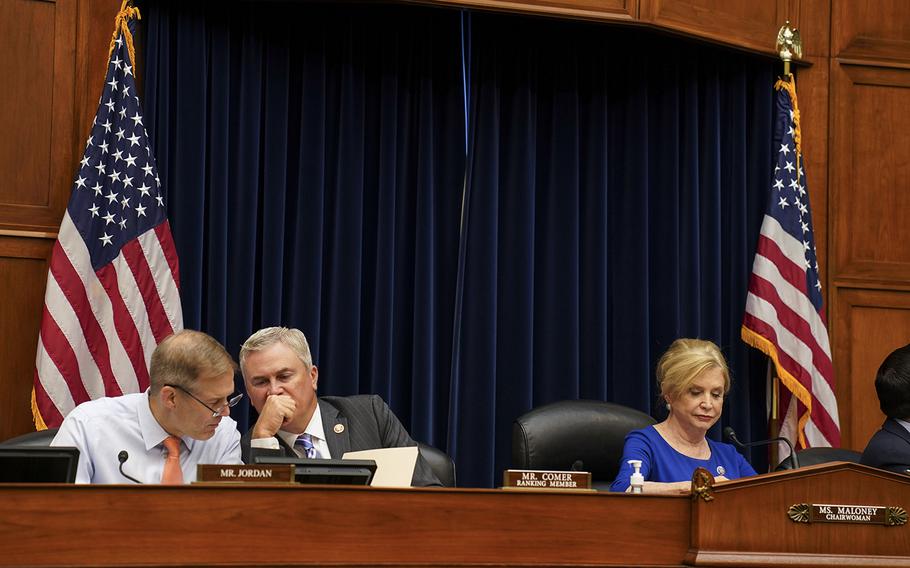 Rep. Jim Jordan, R-Ohio, left, ranking Republican James Comer, Ky., and Chairwoman Carolyn B. Maloney, D-N.Y., hold a House Oversight Committee hearing on June 22, 2022.