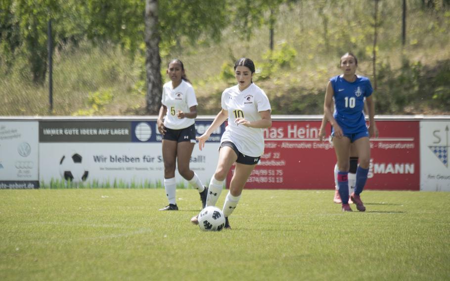 Bahrain Falcons sophomore Zoe Abi-Habib dribbles the ball in a match against the Rota Admirals during the Division II DODEA European Championships at Reichenbach-Steegen, Germany on May 20, 2025.