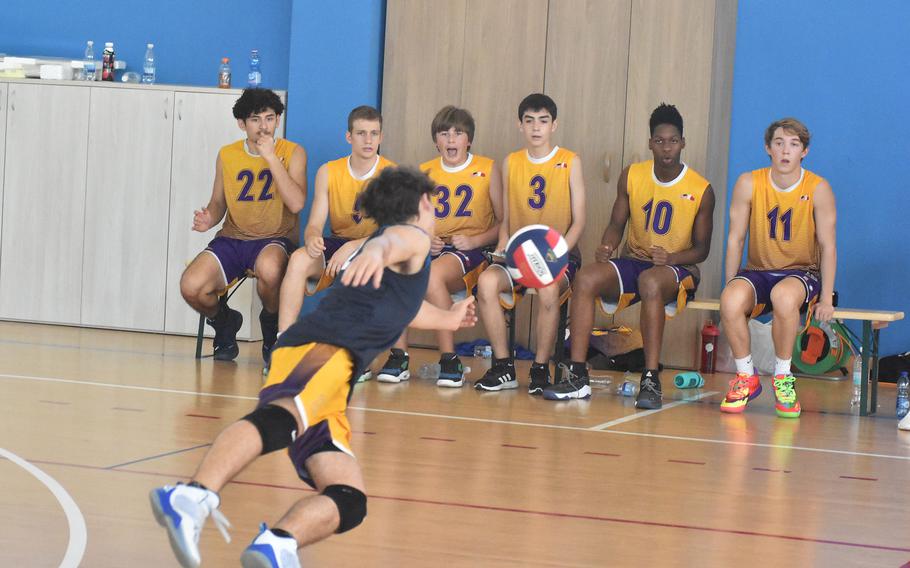 Bahrain players watch Cayden Dinkler dive for a ball in a match against Sigonella on Thursday, Oct. 22, 2022. Dinkler didn't get it, but the ball was called out.

Kent Harris/Stars and Stripes