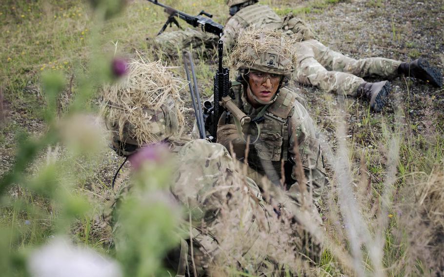 British cadets blend into the grass as take part in a live-fire exercise.