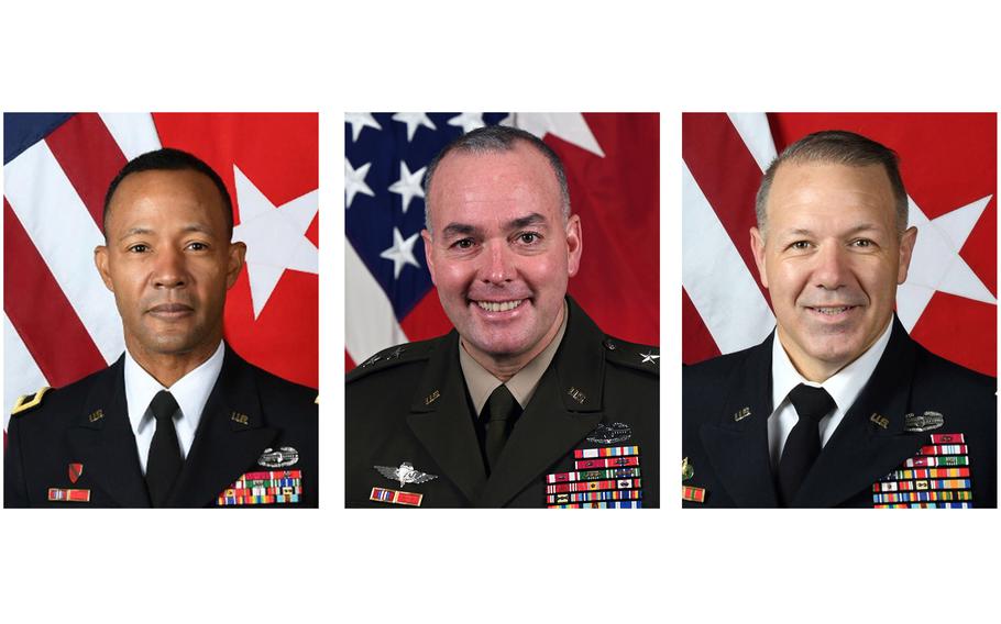 The Army announced promotions for a spate of general officers. From left to right, in Europe, Maj. Gen. Andrew Gainey will depart the 56th Artillery Command to take over the Vicenza, Italy-based Southern European Task Force-Africa. He will be replaced at 56th Artillery Command by Maj. Gen. John Rafferty Jr., the Army’s chief of public affairs. In the Pacific, Maj. Gen. Charles Lombardo was selected as the commanding general of the 2nd Infantry Division in South Korea.