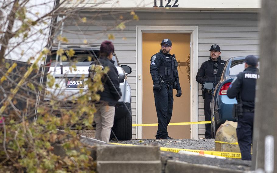 Officers investigate a homicide at an apartment complex south of the University of Idaho campus on Sunday, Nov. 13, 2022. Four people were found dead on King Road near the campus, according to a city of Moscow news release issued Sunday afternoon. 