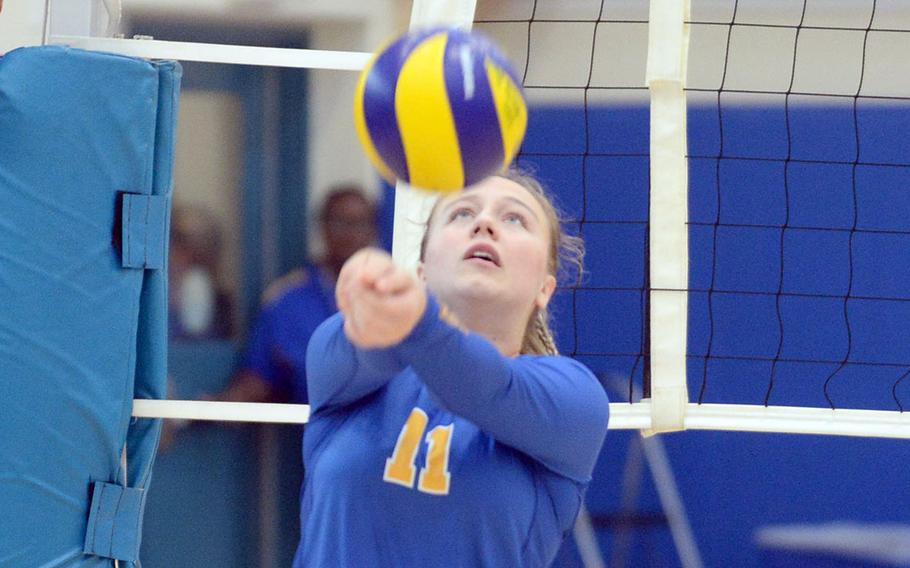 Yokota's Anias Penard bumps the ball against Matthew C. Perry during Saturday's DODEA-Japan volleyball match. The Panthers won in four sets.