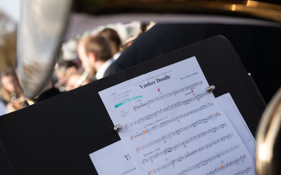 The Zweibrucken City Band performs Yankee Doodle during a ceremony organized by the Daughters of the American Revolution in Zweibrucken, Germany, Saturday, Oct. 29, 2022.