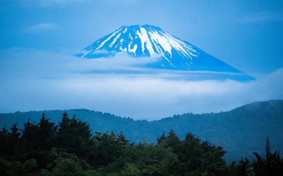 The summit of a mountain is seen from a distance with the lower part obscured by clouds, a hazy blue morning sky behind it and the treeline in the foreground.