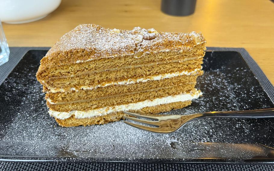 Medovik is a popular dessert found in many former Soviet countries and is one of three options on the menu at Kinto Georgian Restaurant in Wiesbaden, Germany. The layer cake gets its sweetness from honey, which is a main ingredient. 