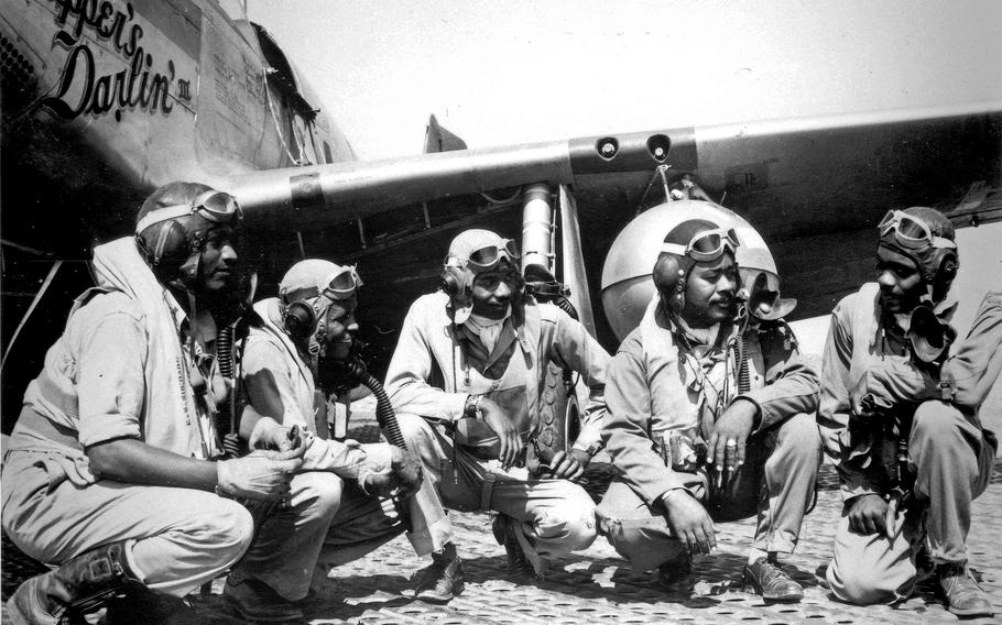 At Ramitelli Airfield, Italy, during World War II, from left, Lt. Dempsey Morgan, Lt. Carroll Woods, Lt. Robert Nelron Jr., Capt. Andrew Turner and Lt. Clarence Lester were pilots with the 332nd Fighter Group. A monument dedicated to the Tuskegee Airmen stationed at Ramitelli Airfield during World War II was inaugurated July 16, 2023, on the Piazza Madonna Grande in Campomarino, Italy.