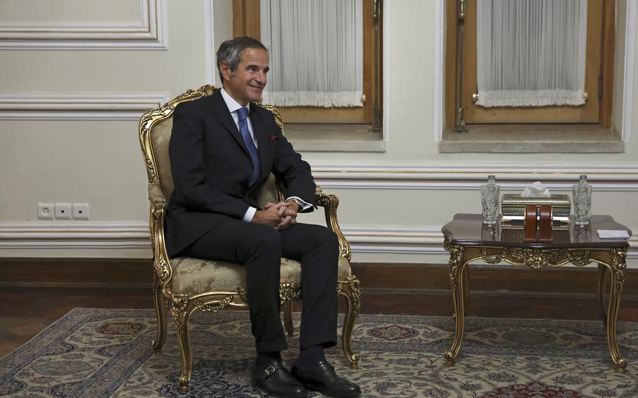 Head of the International Atomic Energy Agency, IAEA, Rafael Mariano Grossi, sits during his meeting with Iranian Foreign Minister Hossein Amirabdollahian in Tehran, Iran, Tuesday, Nov. 23, 2021. Grossi met Tuesday with Iranian officials to press for greater access in the Islamic Republic ahead of diplomatic talks restarting over Tehran’s tattered nuclear deal with world powers.