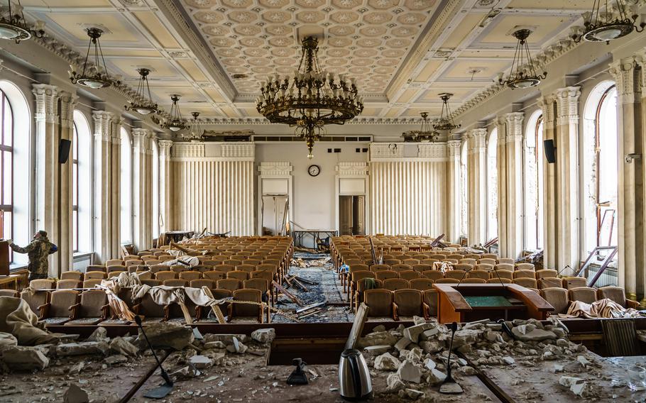 Inside the Kharkiv Regional Administration building, after it was destroyed by Russian bombardments, in Kharkiv, Ukraine, on March 25, 2022.