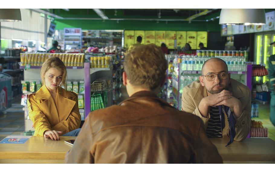 The main characters in a gas station in the eight-part comedy series.