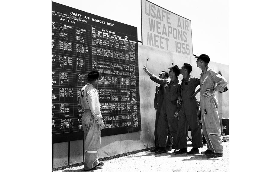 Pilots gather around a scoreboard