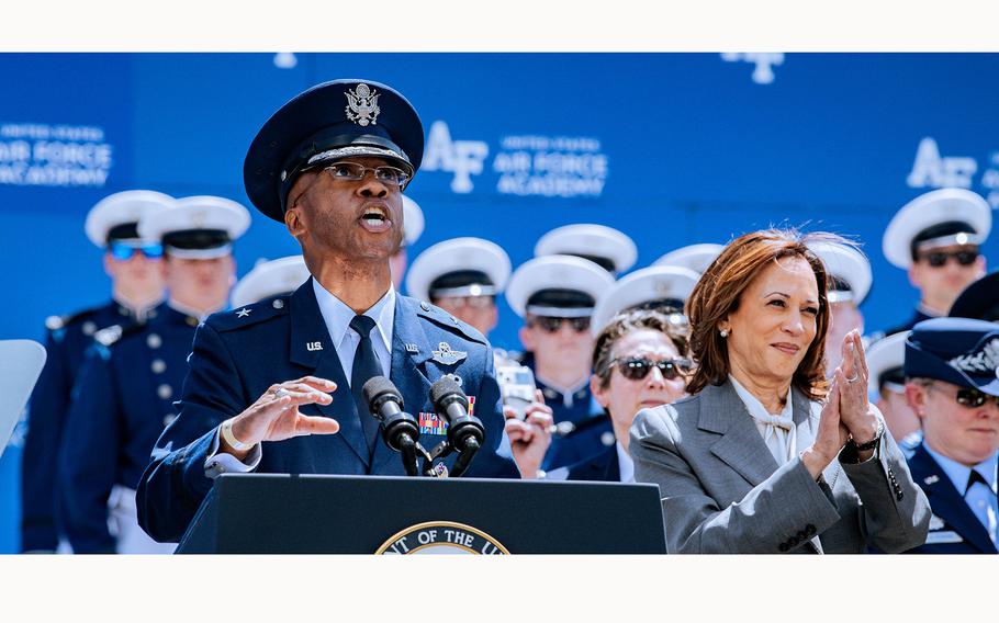 Brig. Gen. Gavin Marks, Commandant of Cadets, prepares to administer the Oath of Office to the U.S. Air Force Academy Class of 2024 Graduation Ceremony at Falcon Stadium in Colorado Springs, Colo., May 30, 2024. 