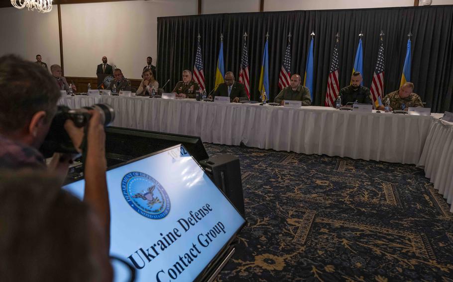 U.S. Defense Secretary Lloyd Austin, center, gives opening remarks during the Ukraine Defense Contact Group meeting Sept. 19, 2023, at Ramstein Air Base in Germany. The talks marked the 15th meeting of the group, which consists of dozens of countries and is facilitating military aid shipments to Ukraine.