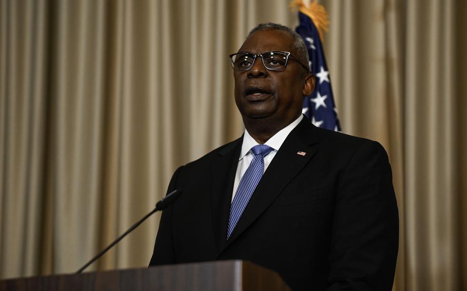 U.S. Defense Secretary Lloyd Austin discusses American military support during the Ukraine Defense Contact Group meeting Sept. 19, 2023, at Ramstein Air Base in Germany. Austin on Tuesday will discuss further military support for Ukraine with allies in Europe, marking his first trip abroad since undergoing surgery for prostate cancer in December.  