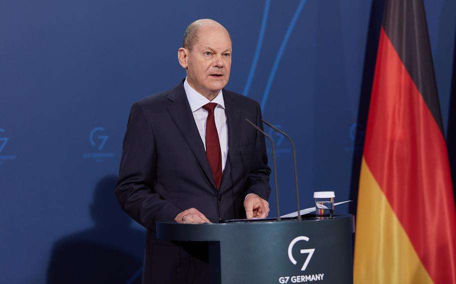 German Chancellor Olaf Scholz speaks at a meeting with Finnish Prime Minister Sanna Marin on March 16, 2022. He is expected to visit the office of Senegal’s natural resource management agency later this month.