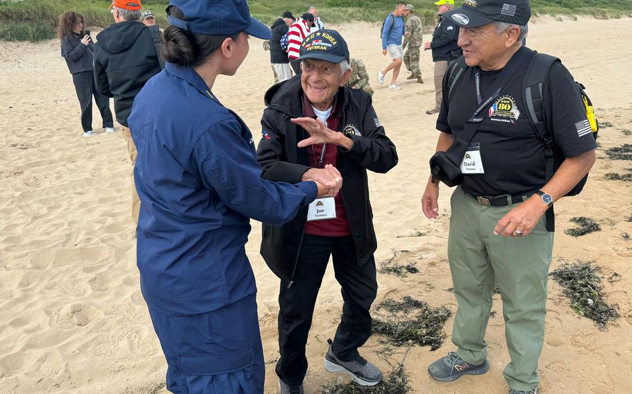 Joe Ventura, who was a cannoneer in 3rd Infantry Division sent to Europe during World War II as a replacement for those killed in Normandy, visits Omaha Beach on June 4, 2024. He fought in Europe and was in Belgium on V-E Day.