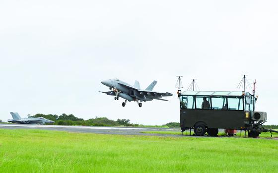 F/A-18s from Carrier Air Wing 5 at Marine Corps Air Station Iwakuni, Japan, take part in field carrier-landing practice at Iwo Jima, Japan, May 17, 2019. 