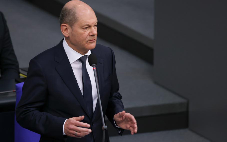 Olaf Scholz, Germany’s chancellor, speaks at the Bundestag in Berlin on April 6, 2022. 