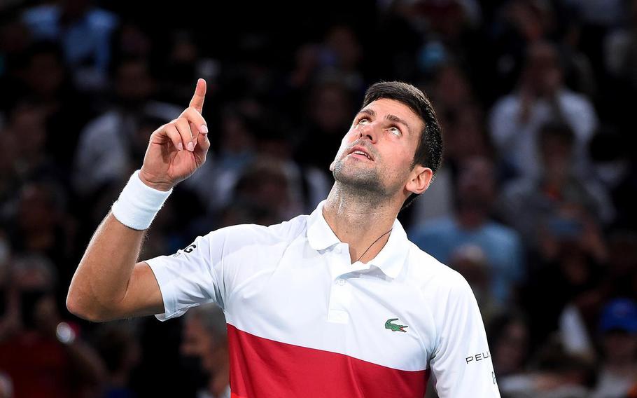 Serbian tennis star Novak Djokovic looks up during a match in Paris, France, as seen in a Nov. 7, 2021, post.
