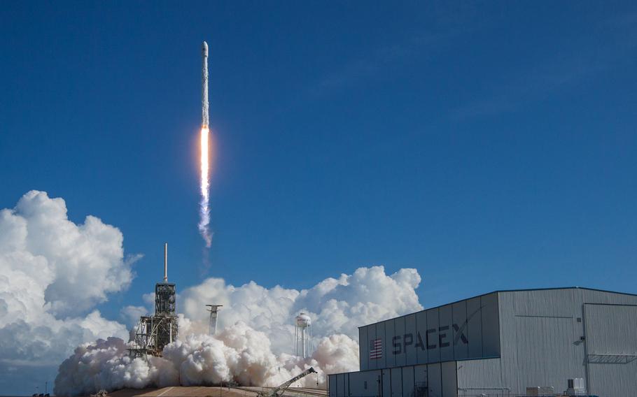 A rocket takes off.