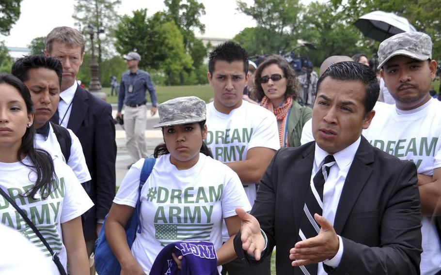 Cesar Vargas, co-director of the Dream Action Coalition, meets with undocumented U.S. residents on May 20, 2014, in front of the Capitol in Washington, where the coalition joined forces with several congressmen as they lobbied Congress for immigration reform.