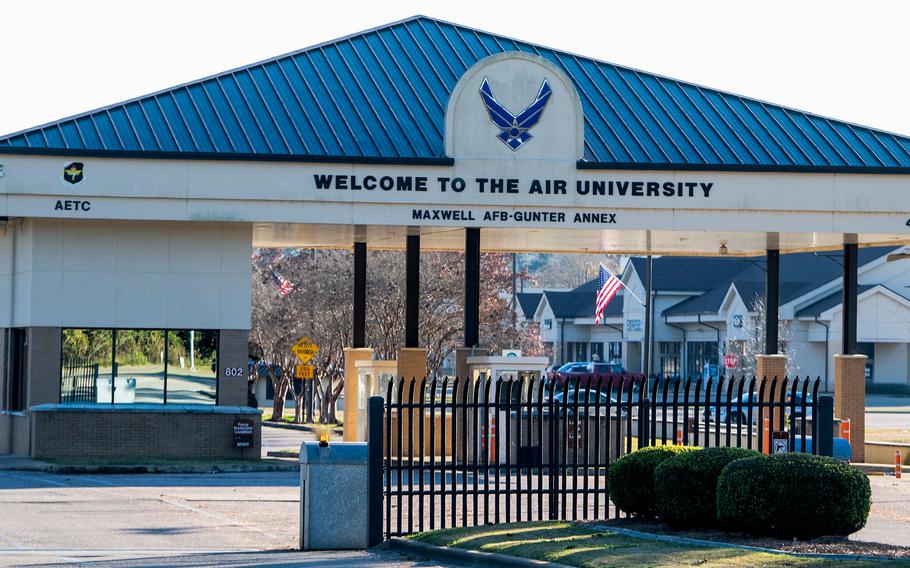 The main gate at Maxwell Air Force Base Gunter Annex in Montgomery, Ala., on Monday, December 13, 2021.