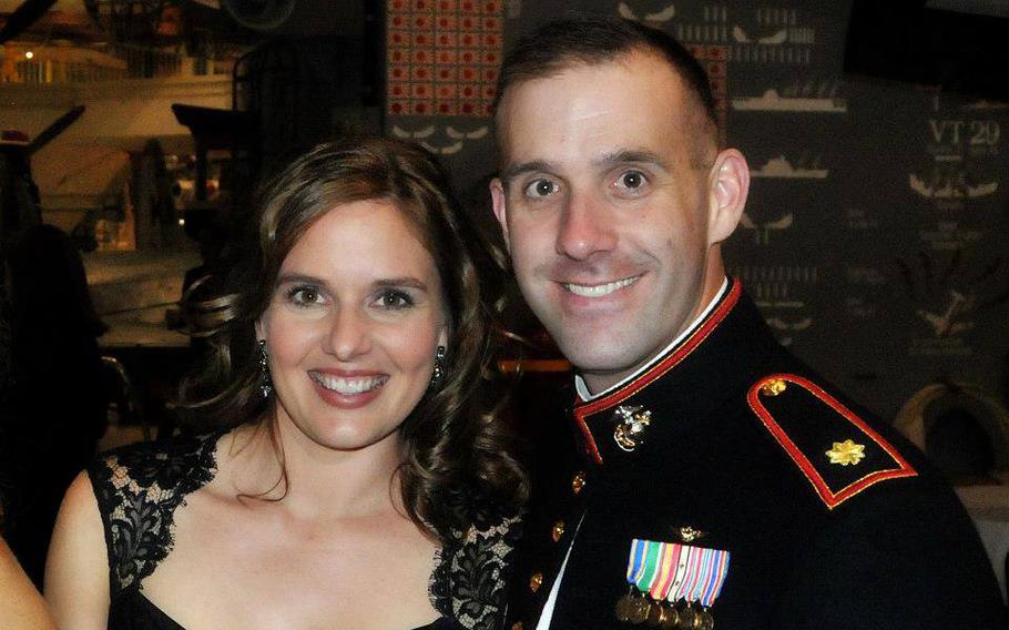 Kelli Campbell-Goodnow with her Marine husband, Maj. Shawn Campbell, on Nov. 10, 2012, at the Marine Corps Ball at Naval Air Station Pensacola, Fla.