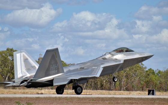 An Air Force F-22 Raptor assigned to Joint Base Pearl Harbor-Hickam, Hawaii, lands at Royal Australian Air Force Base Tindal in Australia, Thursday, Sept. 1, 2022.