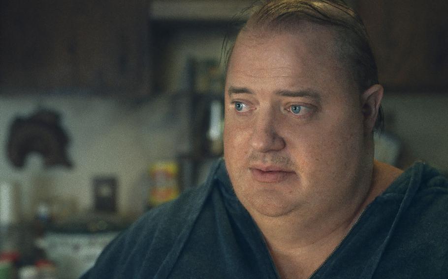 Brendan Fraser appears in a scene from “The Whale.” For the film, in which he plays a reclusive, 600-pound English teacher, Fraser wore a massive body suit and prosthetics. 