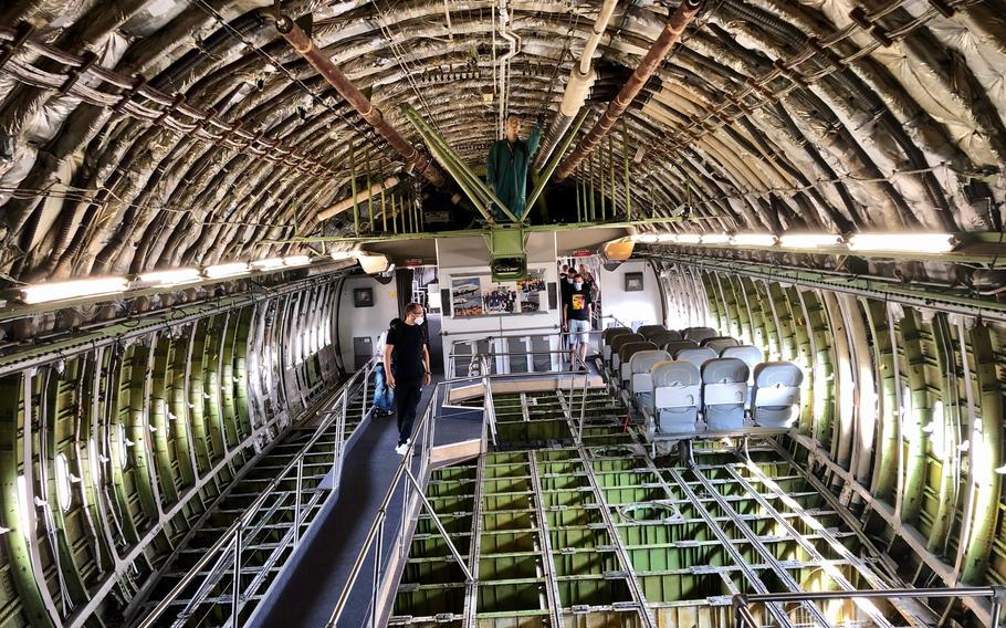 The stripped-down interior of a Lufthansa Boeing 747 at the  Technik Museum Speyer in Germany. The museum offers some unique views of airliners, warplanes, submarines and even a Russian Burnan space shuttle.