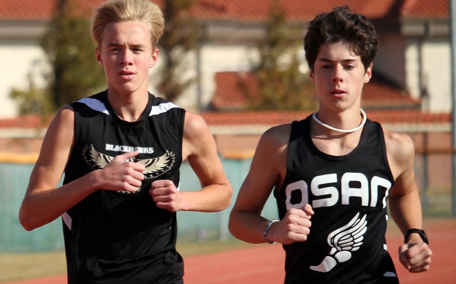 Unofficial training partners, on-course rivals and now Far East champions. Humphreys junior Drew Wahlgren, left, won the boys Far East virtual Division I title and Osan freshman Sam Wood the Division II title.