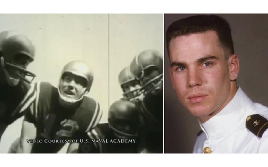 Video screen grabs show Navy football quarterback Roger Staubach (12), at left, addressing his teammates during a huddle. At right, a Navy photo shows Staubach, who went on to serve in Vietnam before joining the Dallas Cowbows.