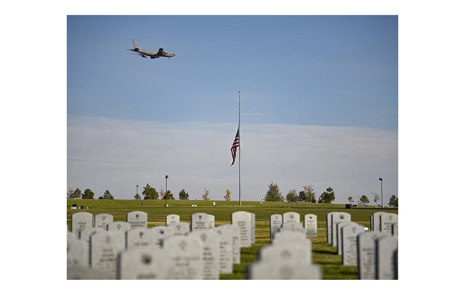 A KC-135 Stratotanker flies over the Washington State Veterans Cemetery during a memorial service on October 14, 2022 in Medical Lake, Wash. On Wednesday, Nov. 17, the cemetery received the unclaimed remains of 133 veterans and relatives.